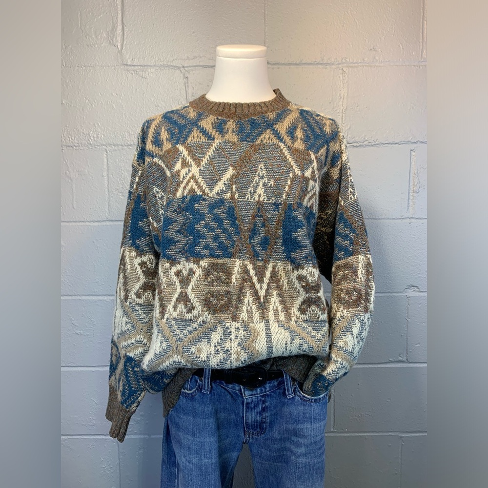 Men's Blue and Brown Patterned Sweater - Picture 2 of 7